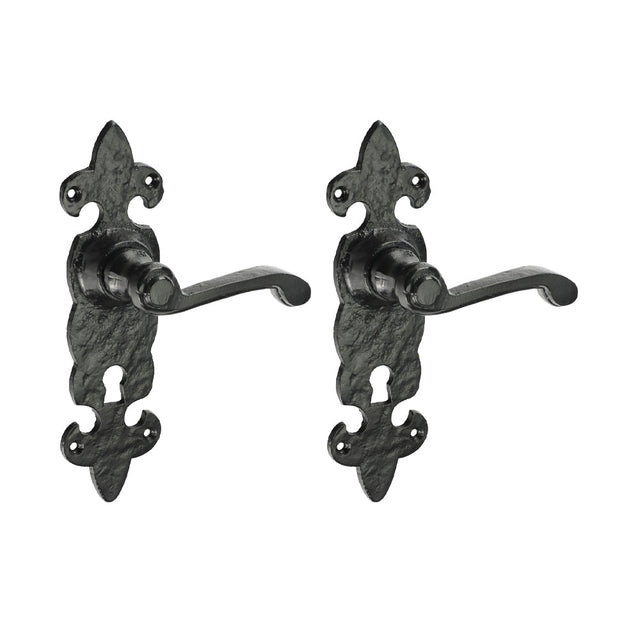 This is an image of Timco - Fleur De Lys Ornate Lever Lock Handles - Antique Black 195 x 55 (1 Pairs Box) 200420