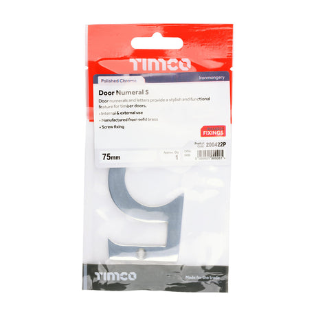 This is an image of Timco - Door Numeral 5 - Polished Chrome 75mm (1 Each TIMpac) 200422P