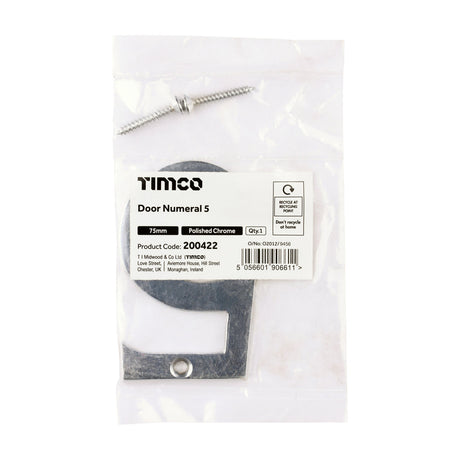 This is an image of Timco - Door Numeral 5 - Polished Chrome 75mm (1 Each Bag) 200422