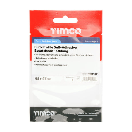 This is an image of Timco - Euro Profile Self-Adhesive Escutcheon - Oblong - Satin Stainless Steel 65 x 47 (1 Each TIMpac) 200439P