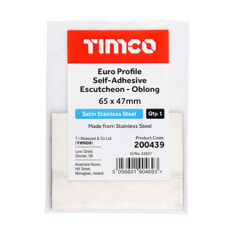This is an image of Timco - Euro Profile Self-Adhesive Escutcheon - Oblong - Satin Stainless Steel 65 x 47 (1 Each Bag) 200439