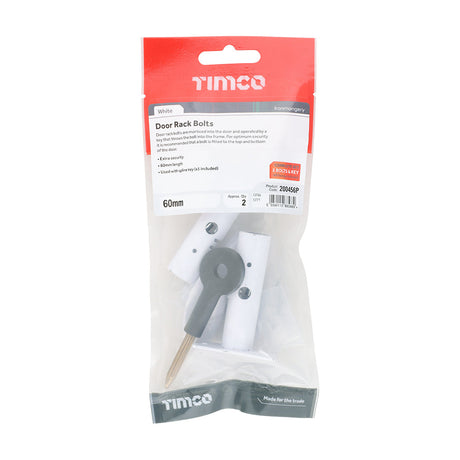 This is an image of Timco - Door Rack Bolts - White 60mm (2 Pieces TIMpac) 200456P