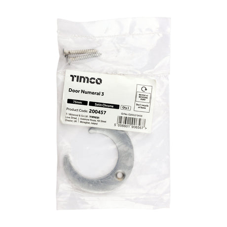 This is an image of Timco - Door Numeral 3 - Satin Chrome 75mm (1 Each Bag) 200457