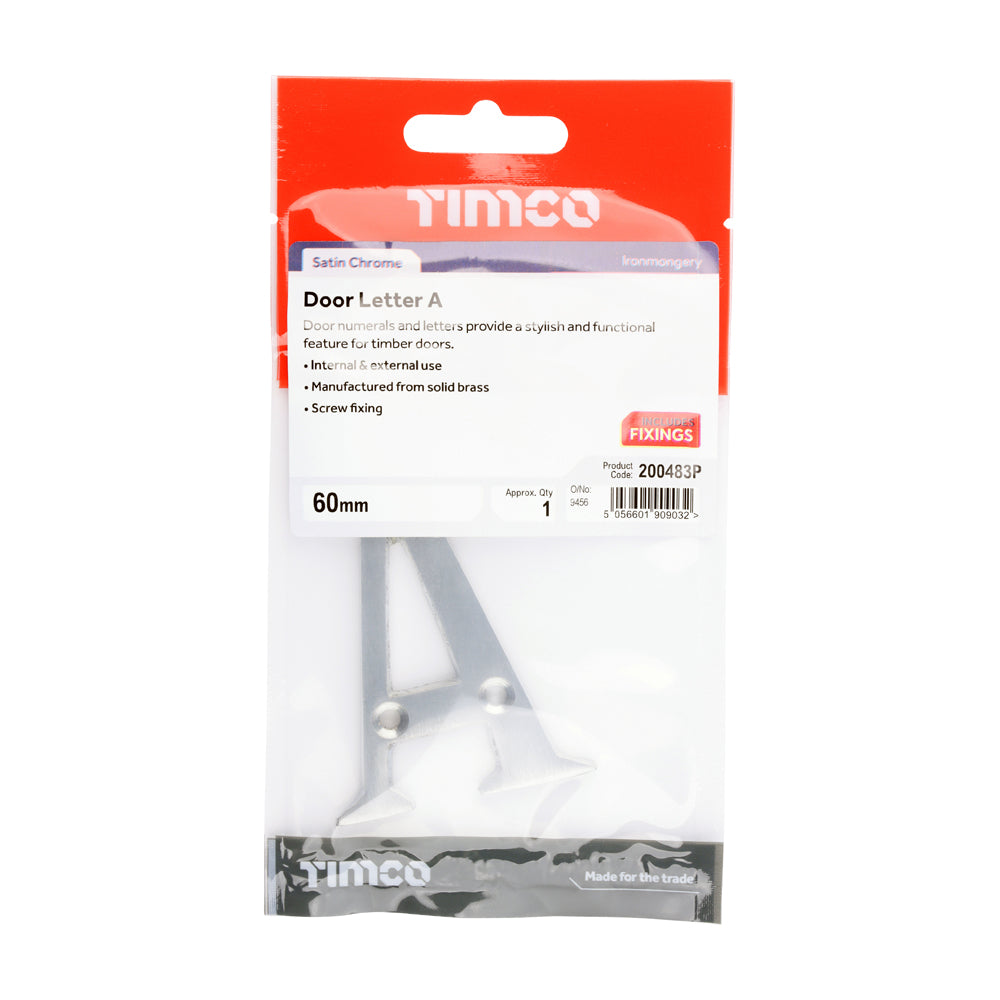 This is an image of Timco - Door Letter A - Satin Chrome 60mm (1 Each TIMpac) 200483P