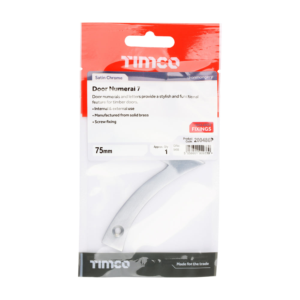 This is an image of Timco - Door Numeral 7 - Satin Chrome 75mm (1 Each TIMpac) 200486P