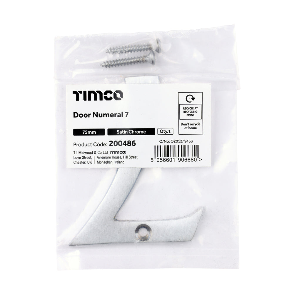 This is an image of Timco - Door Numeral 7 - Satin Chrome 75mm (1 Each Bag) 200486