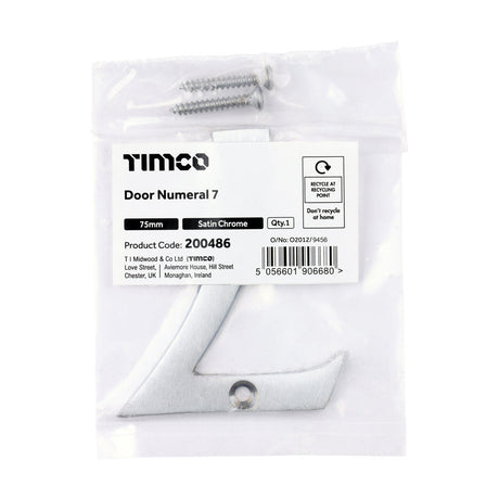 This is an image of Timco - Door Numeral 7 - Satin Chrome 75mm (1 Each Bag) 200486