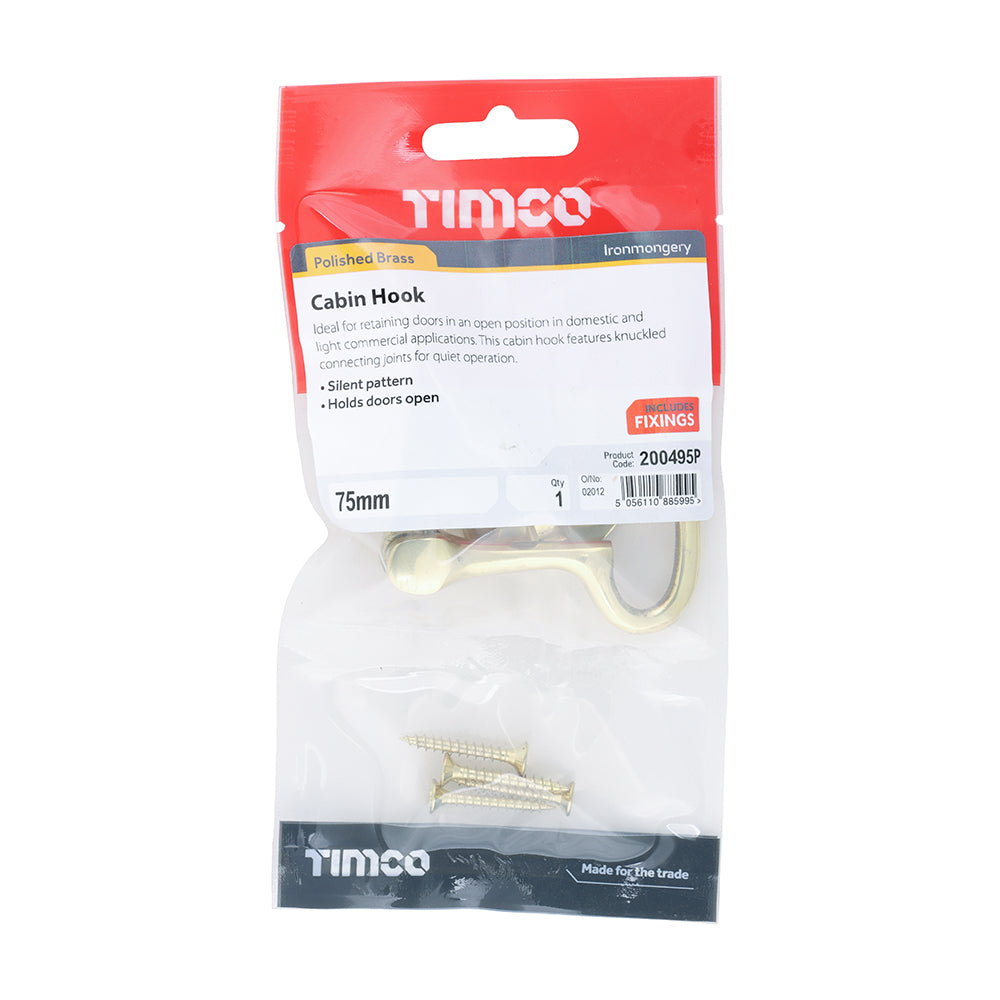 This is an image of Timco - Cabin Hook - Polished Brass 75mm (1 Each TIMpac) 200495P