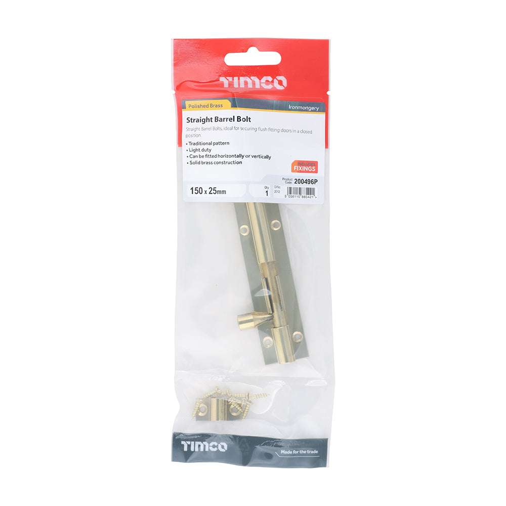 This is an image of Timco - Straight Barrel Bolt - Polished Brass 150 x 25mm (1 Each TIMpac) 200496P