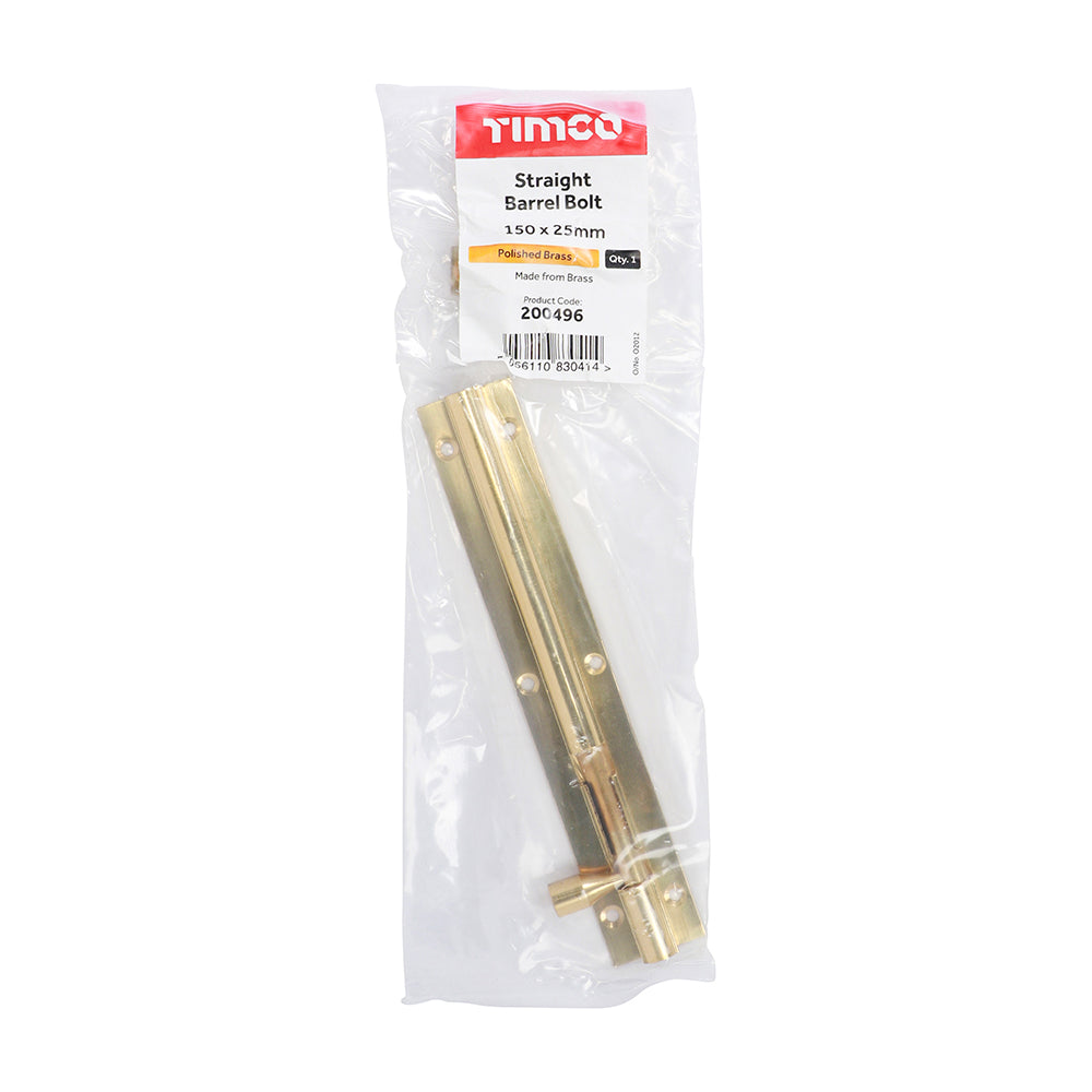 This is an image of Timco - Straight Barrel Bolt - Polished Brass 150 x 25mm (1 Each Bag) 200496