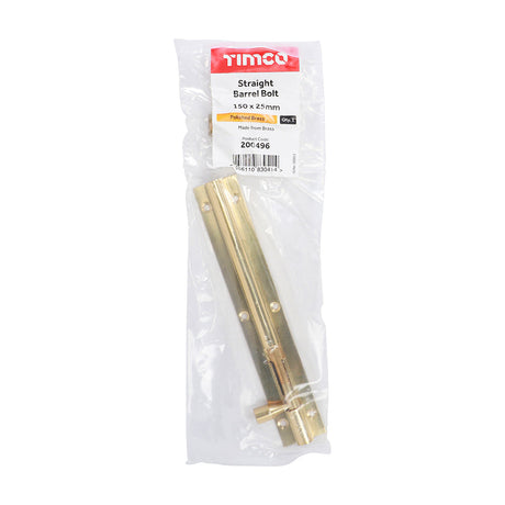 This is an image of Timco - Straight Barrel Bolt - Polished Brass 150 x 25mm (1 Each Bag) 200496