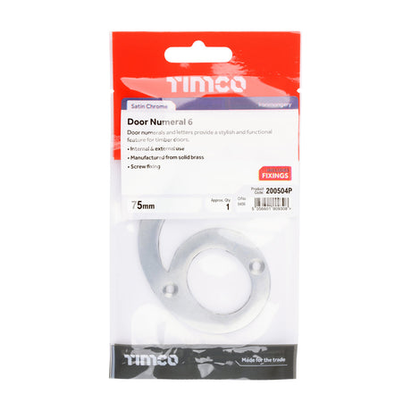 This is an image of Timco - Door Numeral 6 - Satin Chrome 75mm (1 Each TIMpac) 200504P