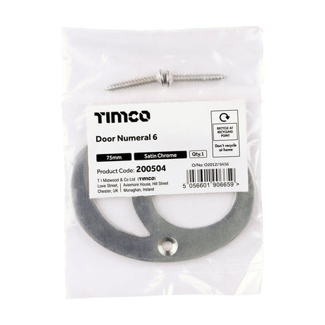 This is an image of Timco - Door Numeral 6 - Satin Chrome 75mm (1 Each Bag) 200504