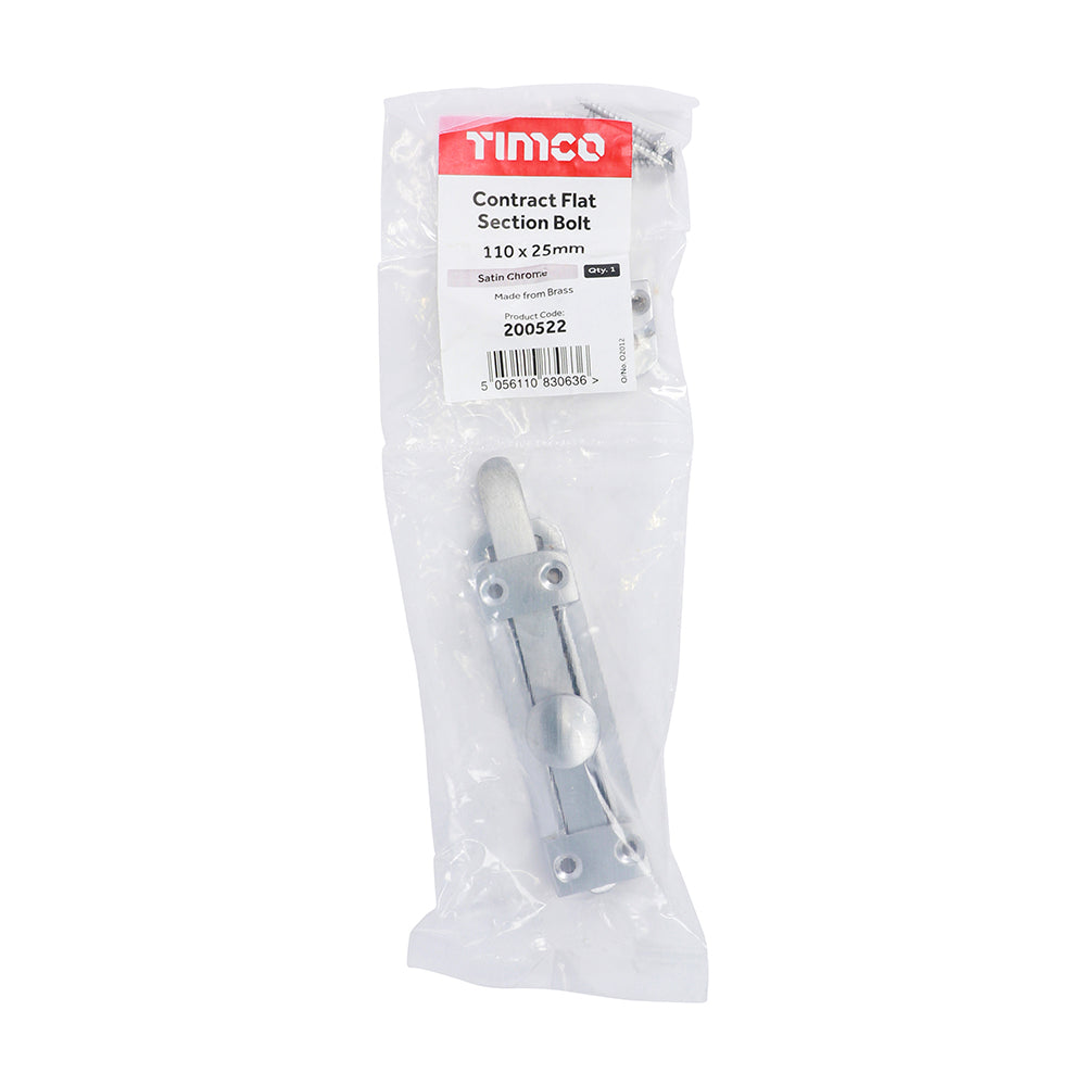 This is an image of Timco - Contract Flat Section Bolt - Satin Chrome 110 x 25mm (1 Each Bag) 200522