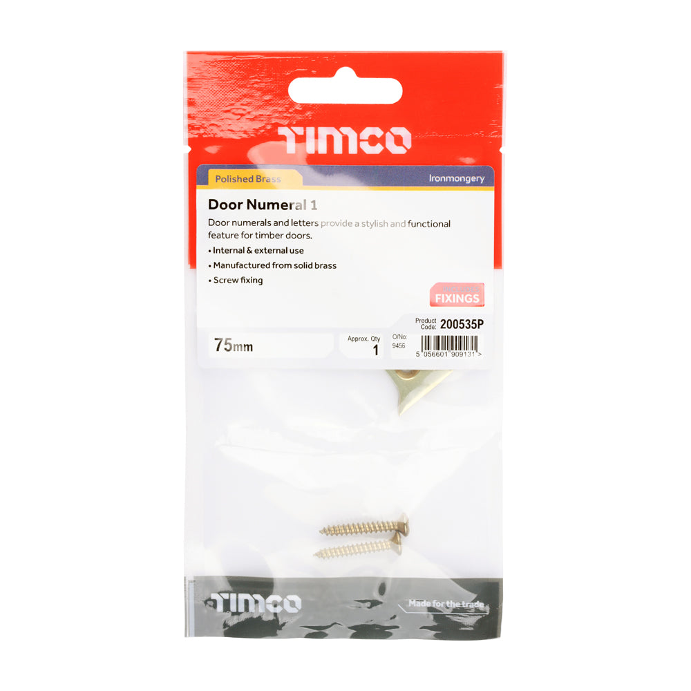 This is an image of Timco - Door Numeral 1 - Polished Brass 75mm (1 Each TIMpac) 200535P