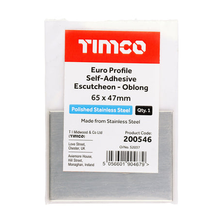 This is an image of Timco - Euro Profile Self-Adhesive Escutcheon - Oblong - Polished Stainless Steel 65 x 47 (1 Each Bag) 200546