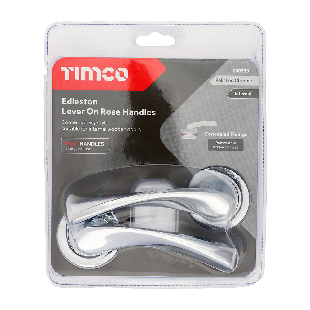 This is an image of Timco - Edleston Lever On Rose Handles - Polished Chrome 51mm (1 Pairs Blister Pack) 200559
