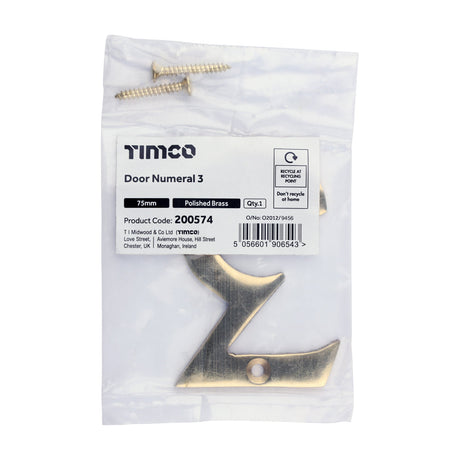 This is an image of Timco - Door Numeral 3 - Polished Brass 75mm (1 Each Bag) 200574