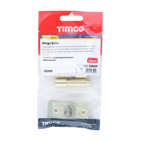 This is an image of Timco - Hinge Bolts - Electro Brass 48mm (2 Pieces TIMpac) 200606P
