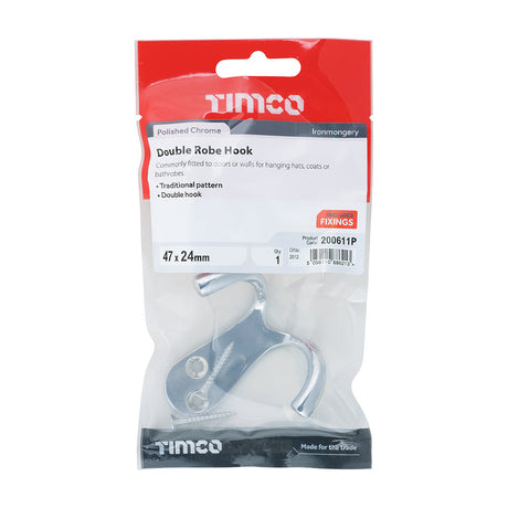 This is an image of Timco - Double Robe Hook - Polished Chrome 47 x 24mm (1 Each TIMpac) 200611P