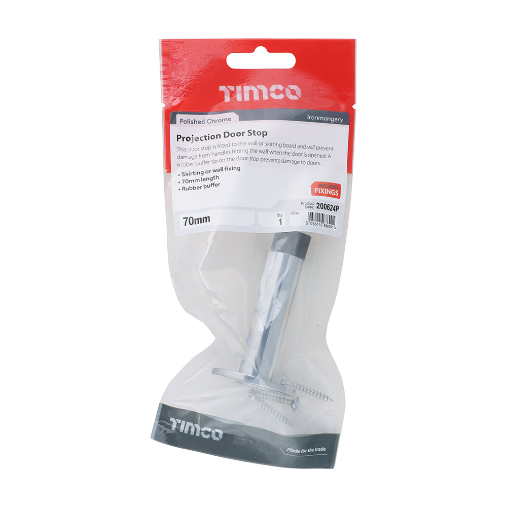 This is an image of Timco - Projection Door Stop - Polished Chrome 70mm (1 Each TIMpac) 200624P