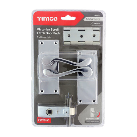 This is an image of Timco - Victorian Scroll Latch Door Pack - Polished Chrome Mixed (1 Each Blister Pack) 200627