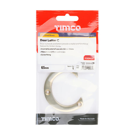 This is an image of Timco - Door Letter C - Polished Brass 65mm (1 Each TIMpac) 200642P