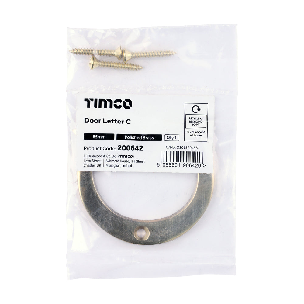 This is an image of Timco - Door Letter C - Polished Brass 65mm (1 Each Bag) 200642