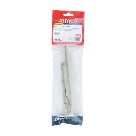 This is an image of Timco - Lever Action Flush Bolt - Polished Brass 200 x 19mm (1 Each TIMpac) 200643P