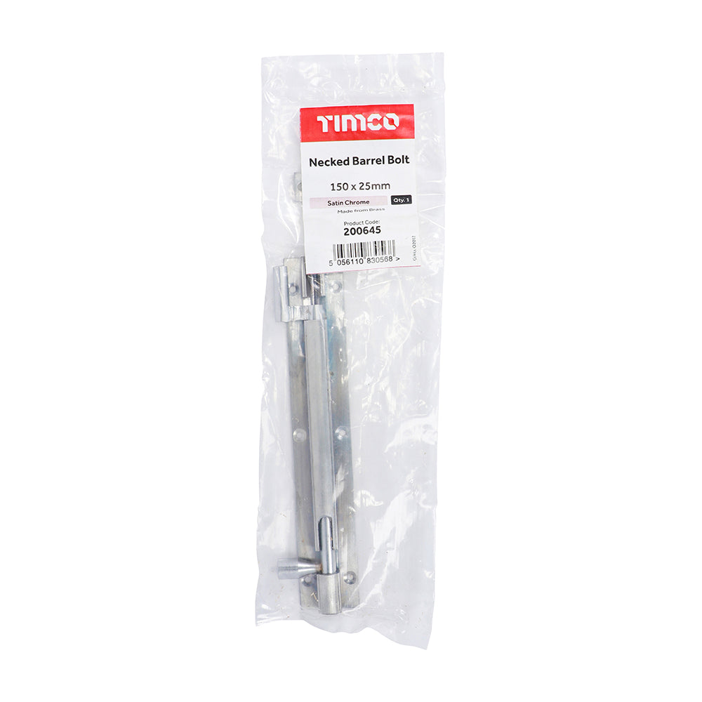 This is an image of Timco - Necked Barrel Bolt - Satin Chrome 150 x 25mm (1 Each Bag) 200645