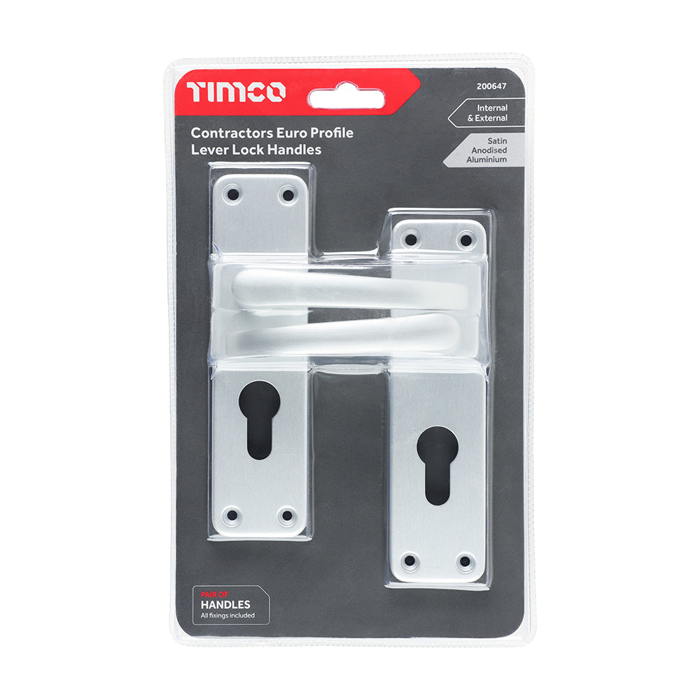 This is an image of Timco - Contractors Euro Profile Lever Lock Handles - Satin Anodised Aluminium 155 x 40 (1 Pairs Blister Pack) 200647