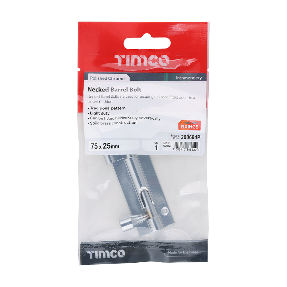 This is an image of Timco - Necked Barrel Bolt - Polished Chrome 75 x 25mm (1 Each TIMpac) 200694P