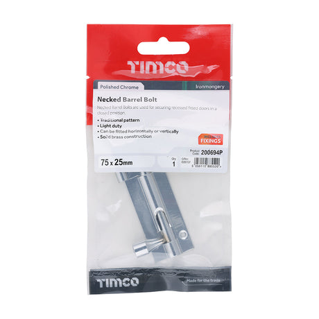This is an image of Timco - Necked Barrel Bolt - Polished Chrome 75 x 25mm (1 Each TIMpac) 200694P