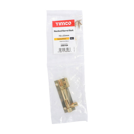 This is an image of Timco - Necked Barrel Bolt - Polished Brass 75 x 25mm (1 Each Bag) 200764