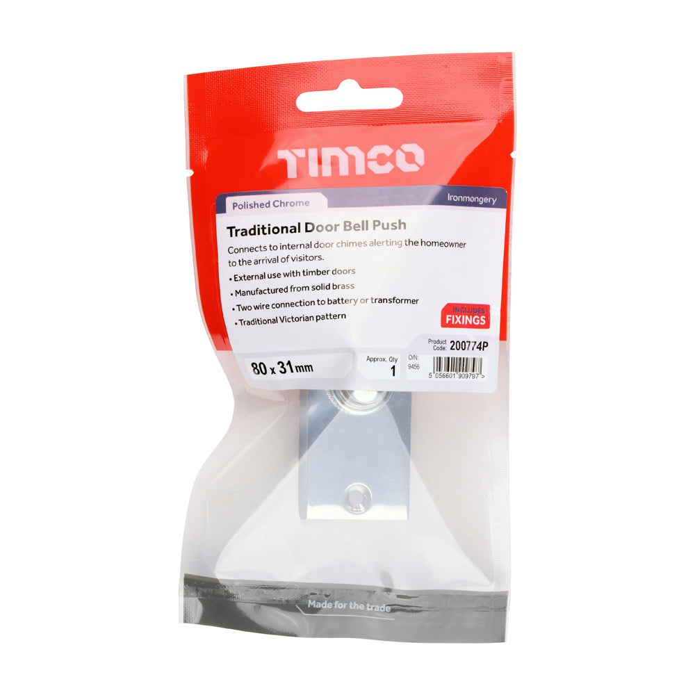 This is an image of Timco - Traditional Door Bell Push - Polished Chrome 80 x 31 (1 Each TIMpac) 200774P
