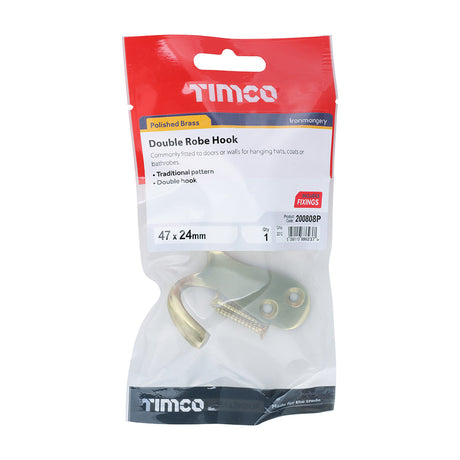 This is an image of Timco - Double Robe Hook - Polished Brass 47 x 24mm (1 Each TIMpac) 200808P