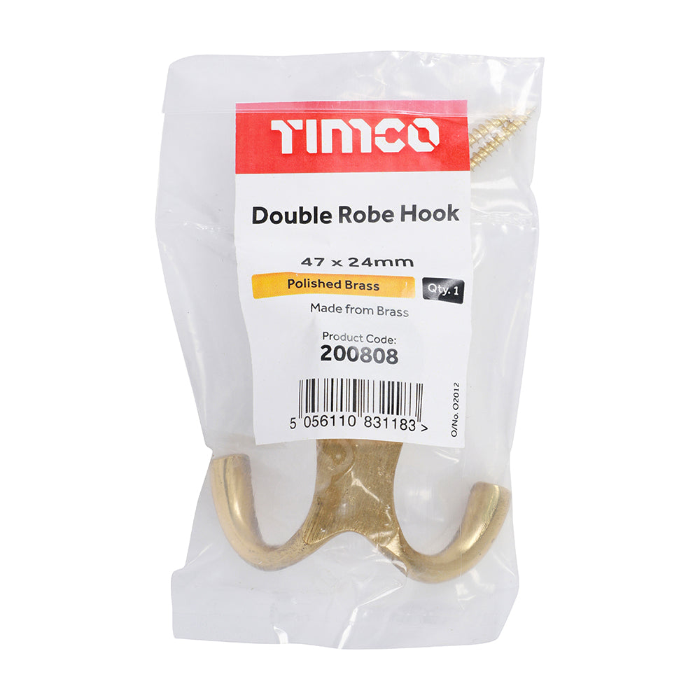 This is an image of Timco - Double Robe Hook - Polished Brass 47 x 24mm (1 Each Bag) 200808
