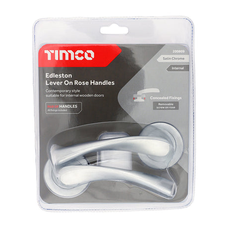 This is an image of Timco - Edleston Lever On Rose Handles - Satin Chrome 51mm (1 Pairs Blister Pack) 200809