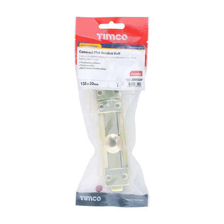 This is an image of Timco - Contract Flat Section Bolt - Polished Brass 135 x 30mm (1 Each TIMpac) 200852P