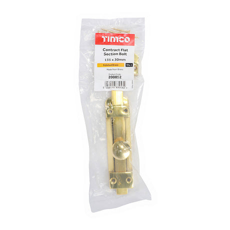This is an image of Timco - Contract Flat Section Bolt - Polished Brass 135 x 30mm (1 Each Bag) 200852