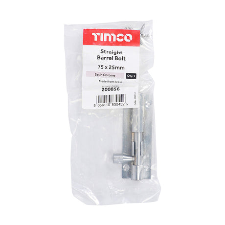This is an image of Timco - Straight Barrel Bolt - Satin Chrome 75 x 25mm (1 Each Bag) 200856