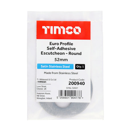 This is an image of Timco - Euro Profile Self-Adhesive Escutcheon - Round - Satin Stainless Steel 52mm (1 Each Bag) 200940