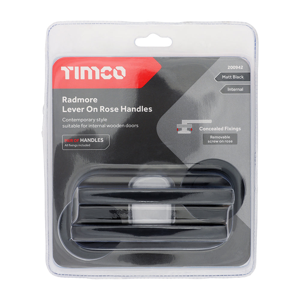 This is an image of Timco - Radmore Lever On Rose Handles - Matt Black 51mm (1 Pairs Blister Pack) 200942