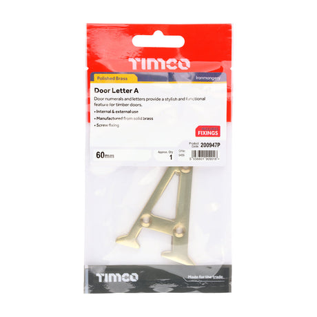 This is an image of Timco - Door Letter A - Polished Brass 60mm (1 Each TIMpac) 200947P