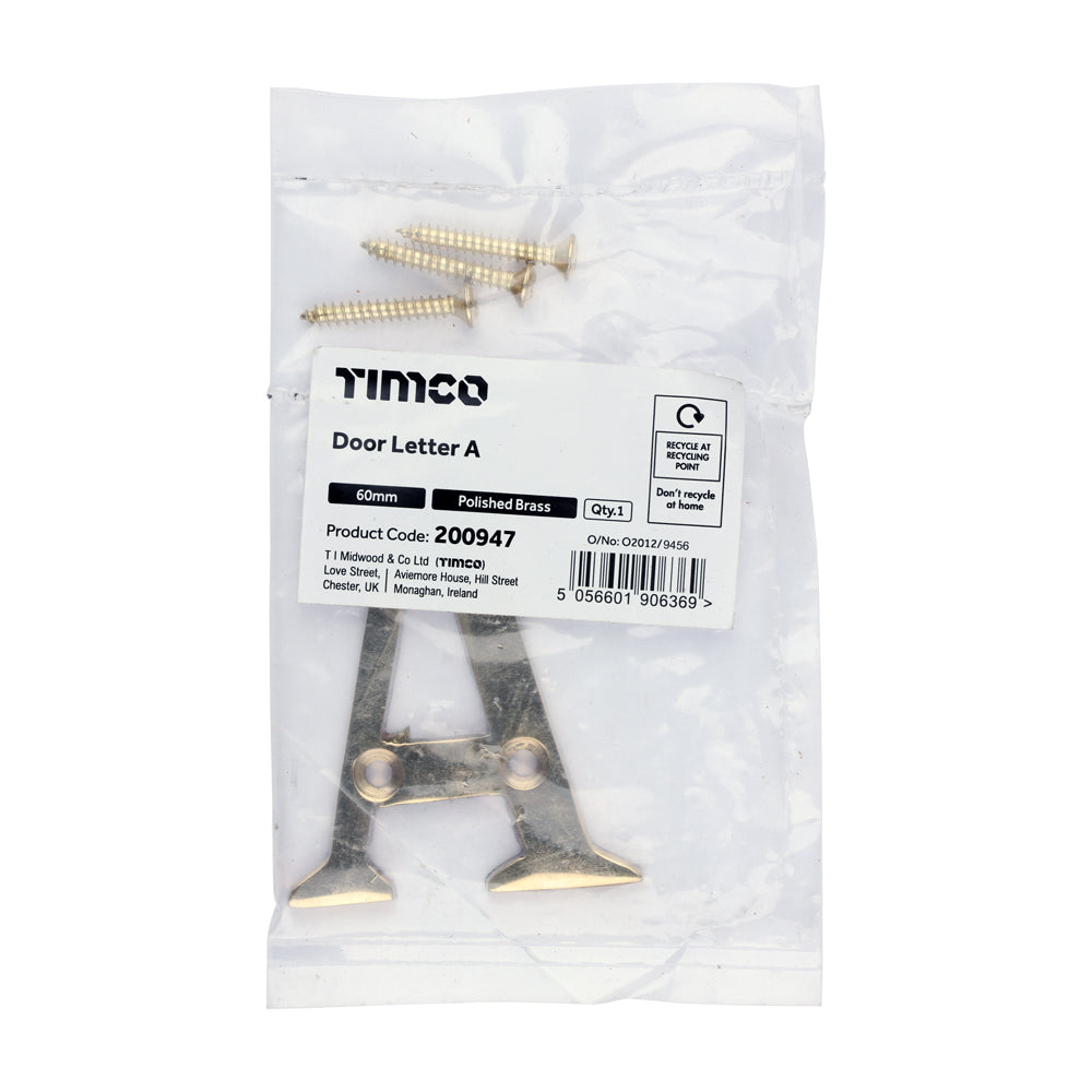 This is an image of Timco - Door Letter A - Polished Brass 60mm (1 Each Bag) 200947