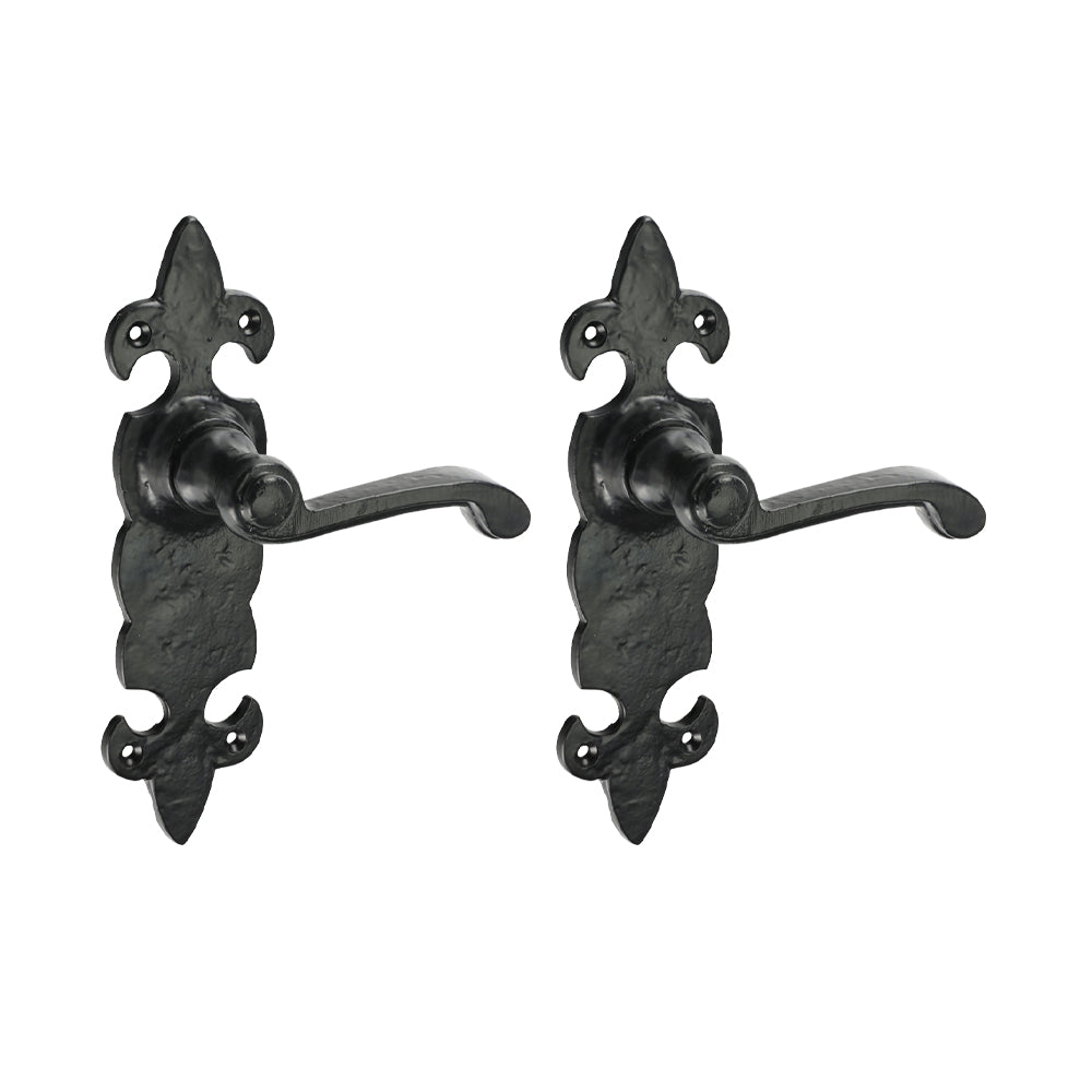 This is an image of Timco - Fleur De Lys Ornate Lever Latch Handles - Antique Black 195 x 55 (1 Pairs Box) 200953