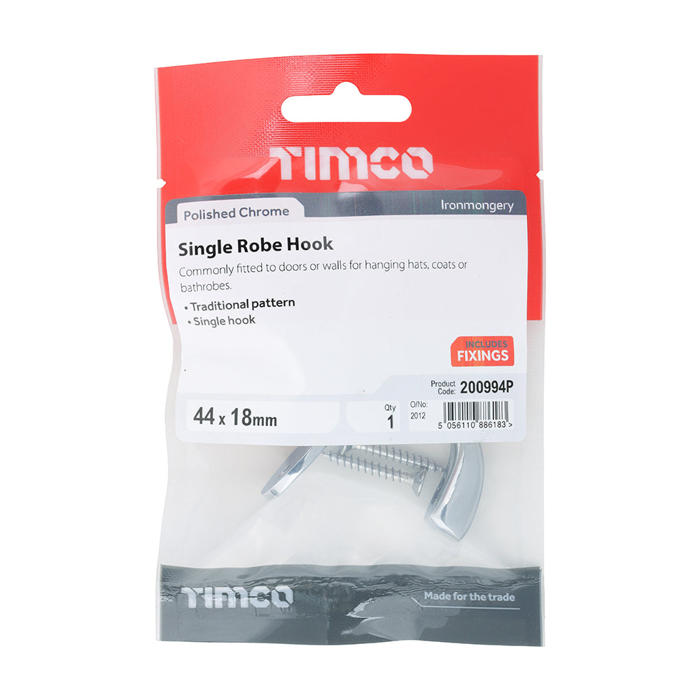 This is an image of Timco - Single Robe Hook - Polished Chrome 44 x 18mm (1 Each TIMpac) 200994P