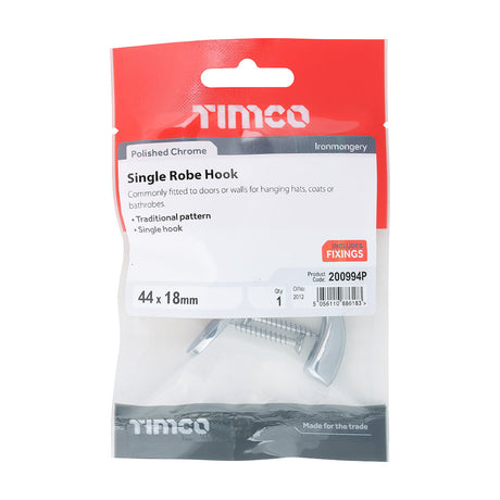 This is an image of Timco - Single Robe Hook - Polished Chrome 44 x 18mm (1 Each TIMpac) 200994P