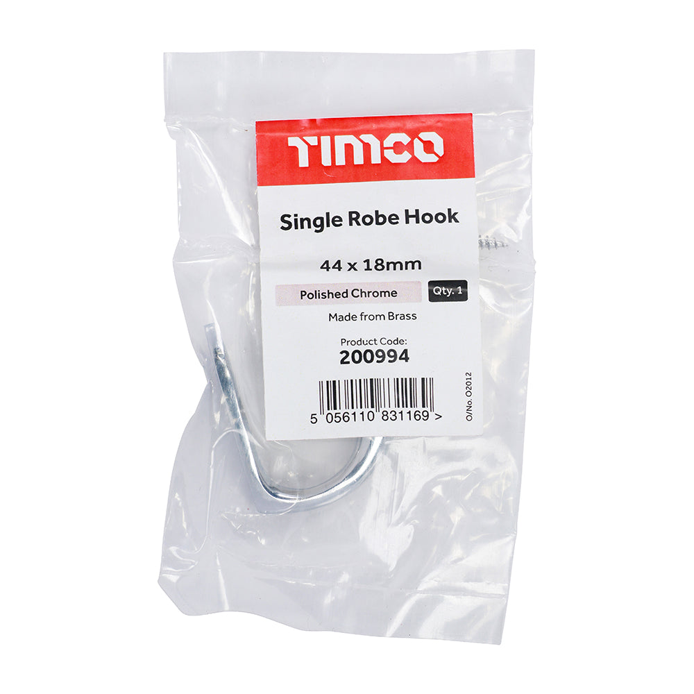 This is an image of Timco - Single Robe Hook - Polished Chrome 44 x 18mm (1 Each Bag) 200994