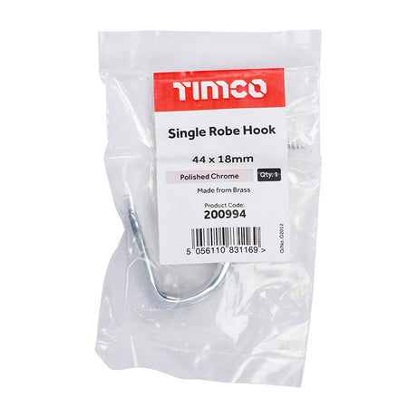 This is an image of Timco - Single Robe Hook - Polished Chrome 44 x 18mm (1 Each Bag) 200994